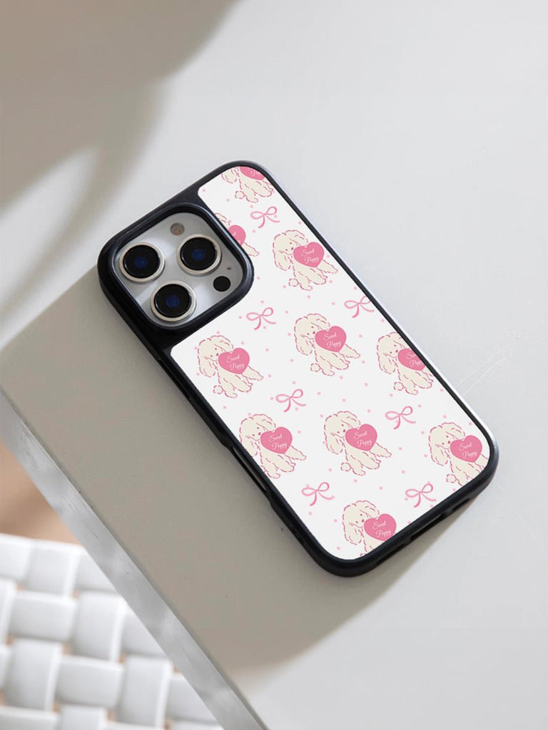 Coque iPhone cœur petit chien, protection anti - choc, design mignon rose, compatible MagSafe, contour noir résistant, modèle Yila - Coque iPhone - Blanc et rose iPhone 12