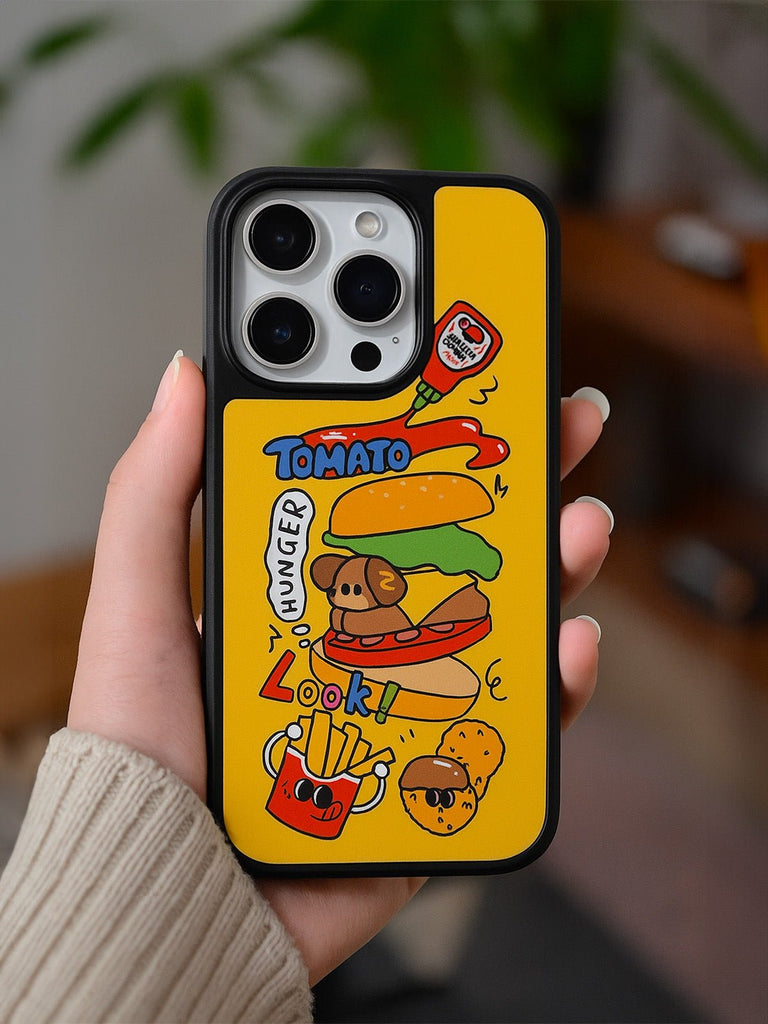 Coque iPhone hamburger chien mignon, protection antichoc, motif cartoon amusant, finition mate, compatible MagSafe, verre peau douce, iPhone 12 13 14 15 16, modèle Minoa - Coque iPhone - Jaune iPhone 12