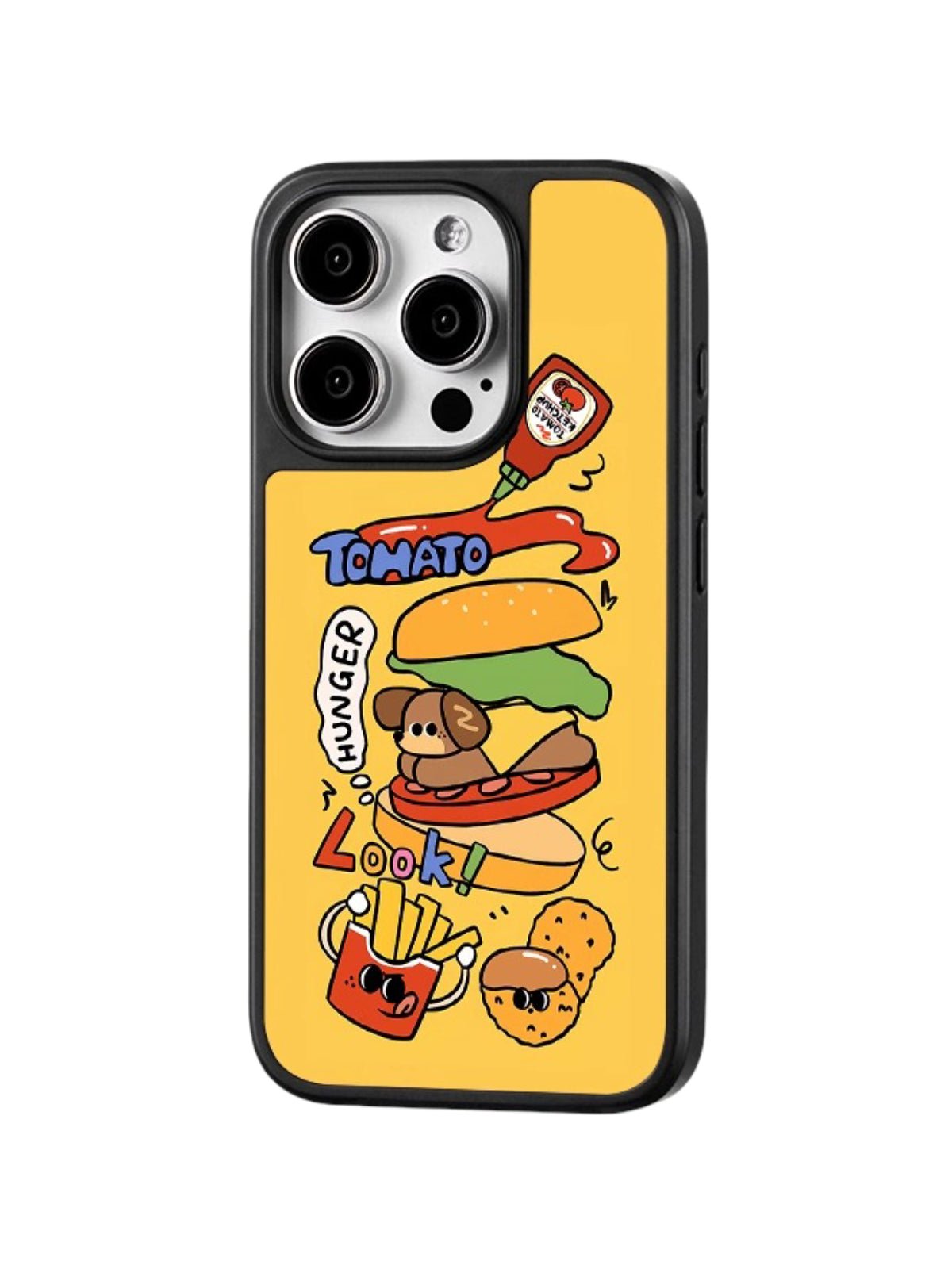 Coque iPhone hamburger chien mignon, protection antichoc, motif cartoon amusant, finition mate, compatible MagSafe, verre peau douce, iPhone 12 13 14 15 16, modèle Minoa - Coque iPhone - Jaune iPhone 12