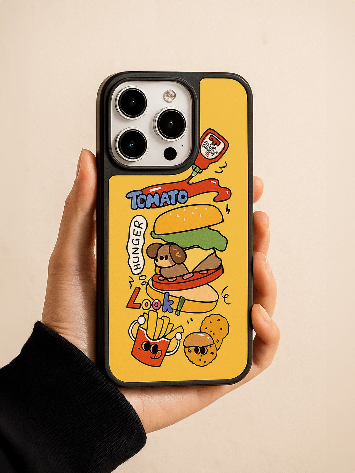 Coque iPhone hamburger chien mignon, protection antichoc, motif cartoon amusant, finition mate, compatible MagSafe, verre peau douce, iPhone 12 13 14 15 16, modèle Minoa - Coque iPhone - Jaune iPhone 12