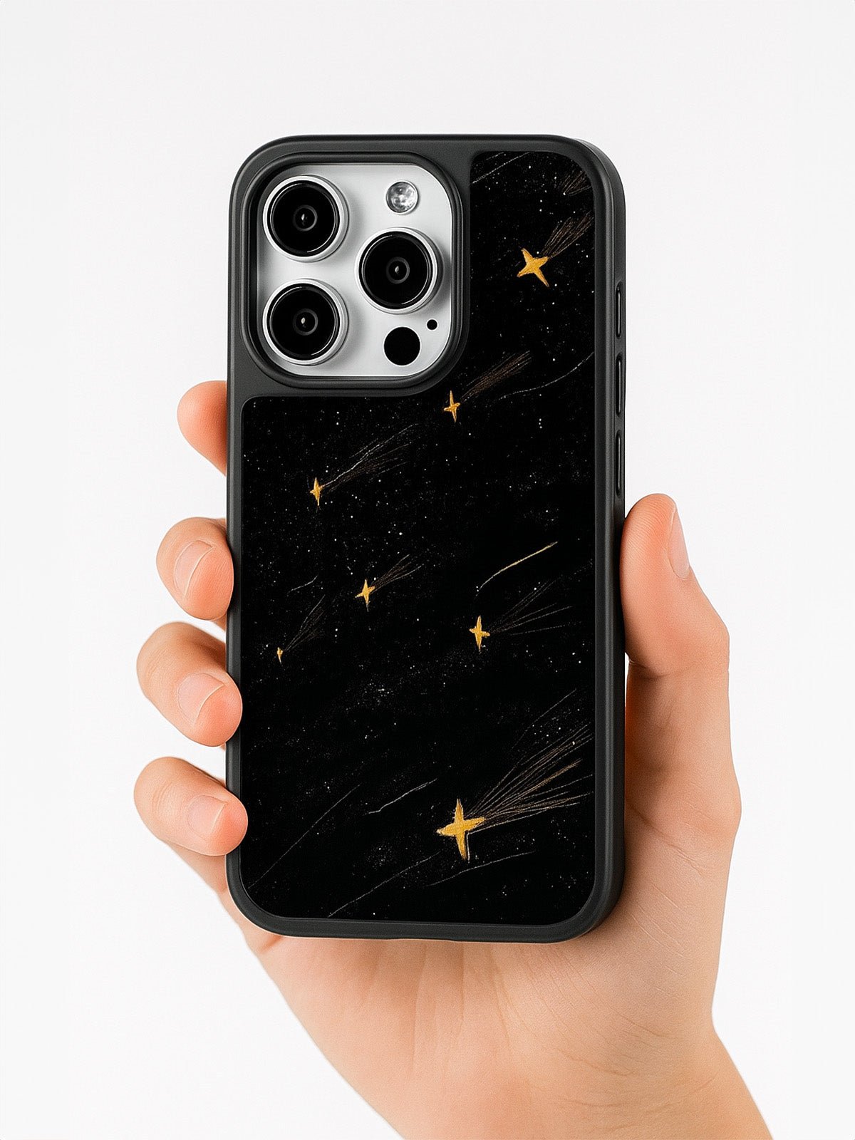 Coque iPhone MagSafe noire, motif étoiles dorées, protection anti - choc, compatible charge sans fil, design minimaliste raffiné, modèle Naëlle - Coque iPhone - Noir iPhone 12