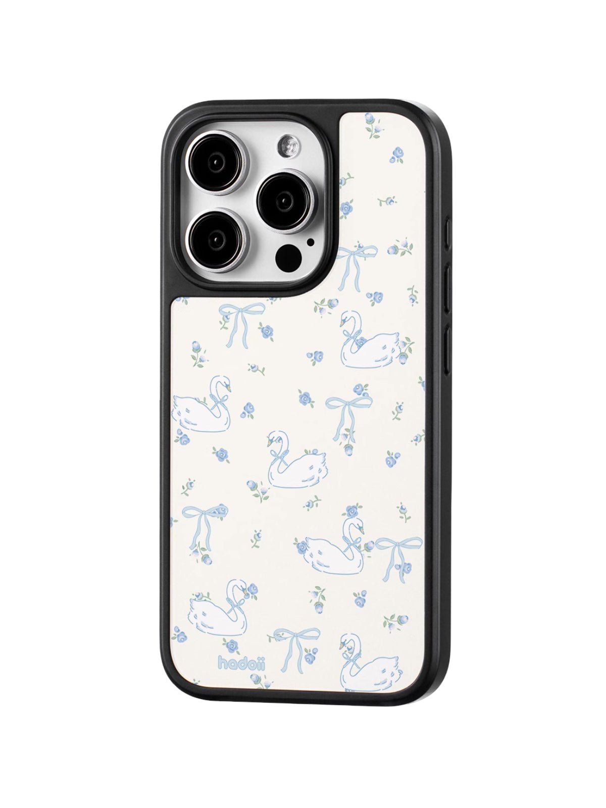 Coque iPhone motif cygnes nœuds bleus, protection renforcée anti - choc, design pastel doux, compatible MagSafe, style mignon et moderne, modèle Kéna - Coque iPhone - Blanc iPhone 12