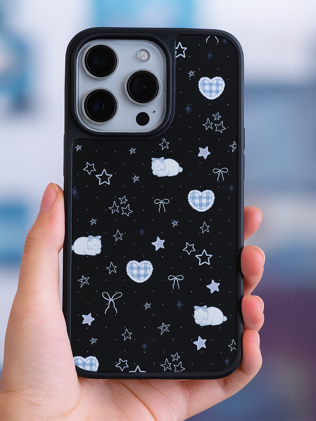 Coque iPhone motif mouton, noir étoiles cœurs, protection anti - choc, style mignon ins, compatible modèles iPhone 12 à 16, modèle Carla - Coque iPhone - Noir iPhone 12