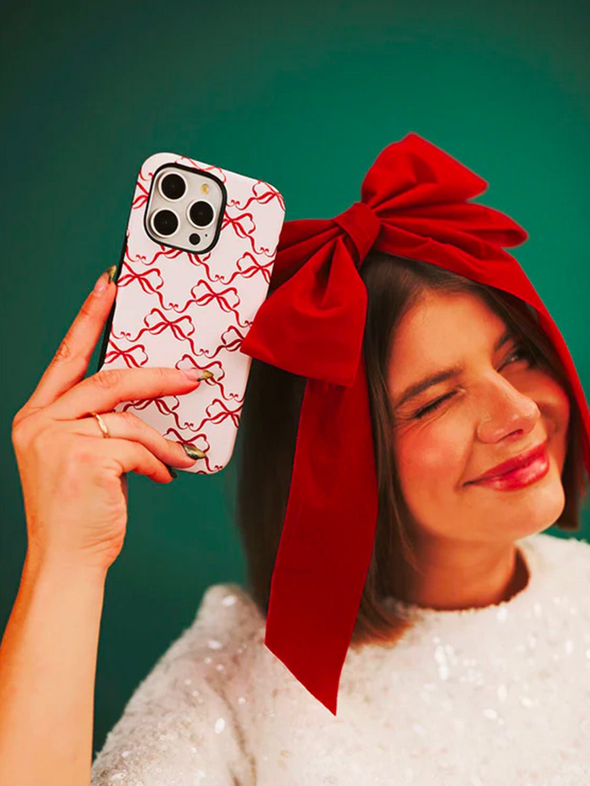 Coque iPhone nœuds rouges, design ruban cadeau, protection antichoc, motif original, coque rigide et fine de Noël, modèle Dérima - Coque iPhone - Crème et rouge iPhone X
