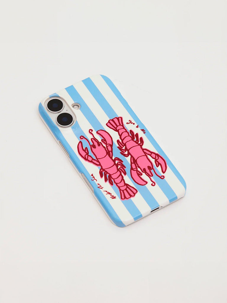 Coque iPhone rayée bleue et blanche, homards roses, protection intégrale, style graphique marin, finition brillante, modèle Liana - Coque iPhone - Bleu et blanc iPhone 13
