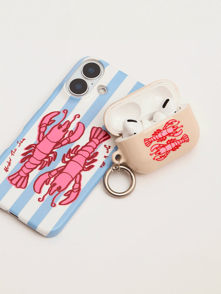 Coque iPhone rayée bleue et blanche, homards roses, protection intégrale, style graphique marin, finition brillante, modèle Liana - Coque iPhone - Bleu et blanc iPhone 13