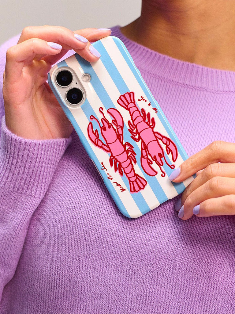 Coque iPhone rayée bleue et blanche, homards roses, protection intégrale, style graphique marin, finition brillante, modèle Liana - Coque iPhone - Bleu et blanc iPhone 13