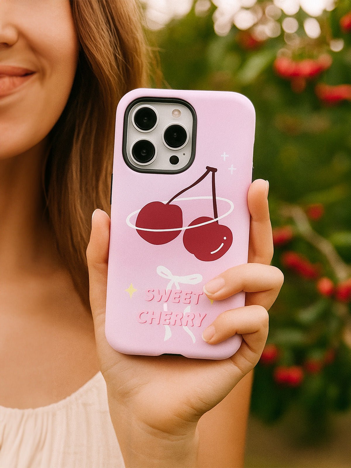 Coque iPhone Sweet Cherry rose, motif cerises ruban, protection antichoc, surface mate, compatible charge sans fil, modèle Cherry - Coque iPhone - Rose iPhone XR