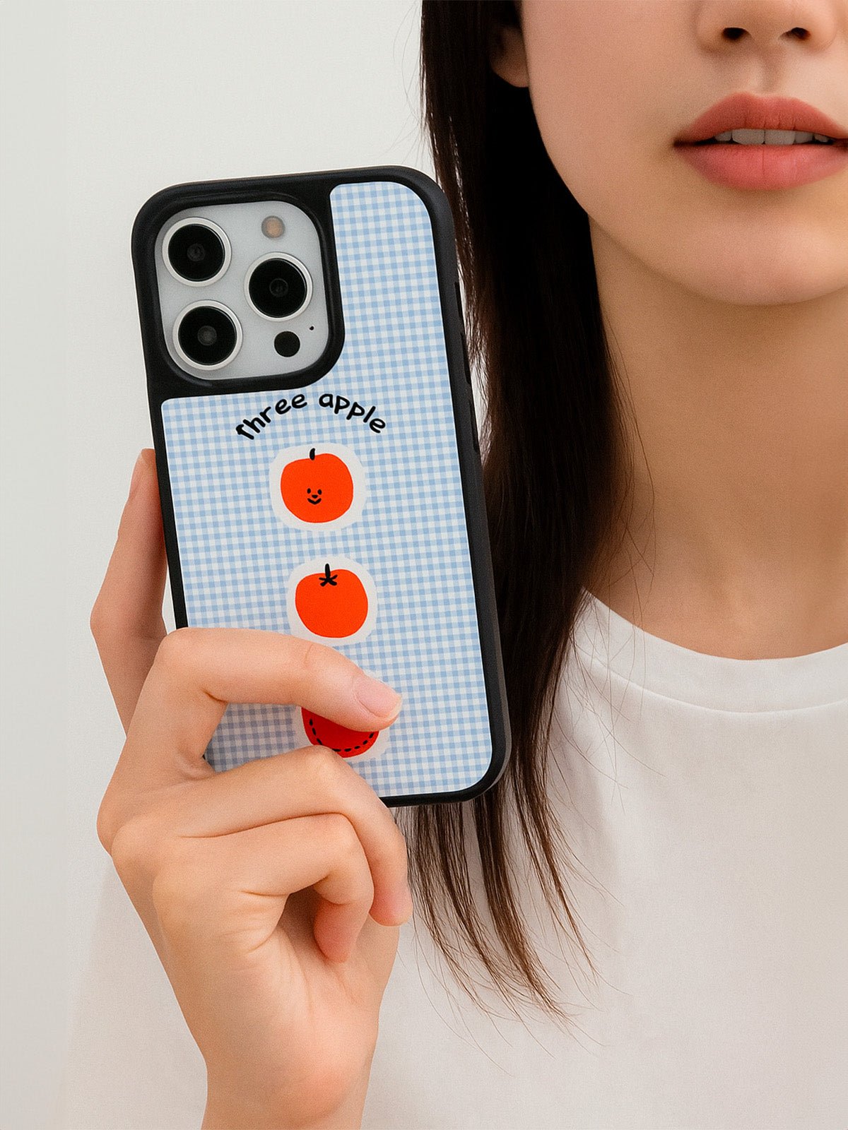 Coque iPhone trois pommes, design fruité adorable, protection antichoc, motif bleu vichy, compatible charge sans fil, housse douce TPU, modèle Azia - Coque iPhone - Bleu iPhone 12