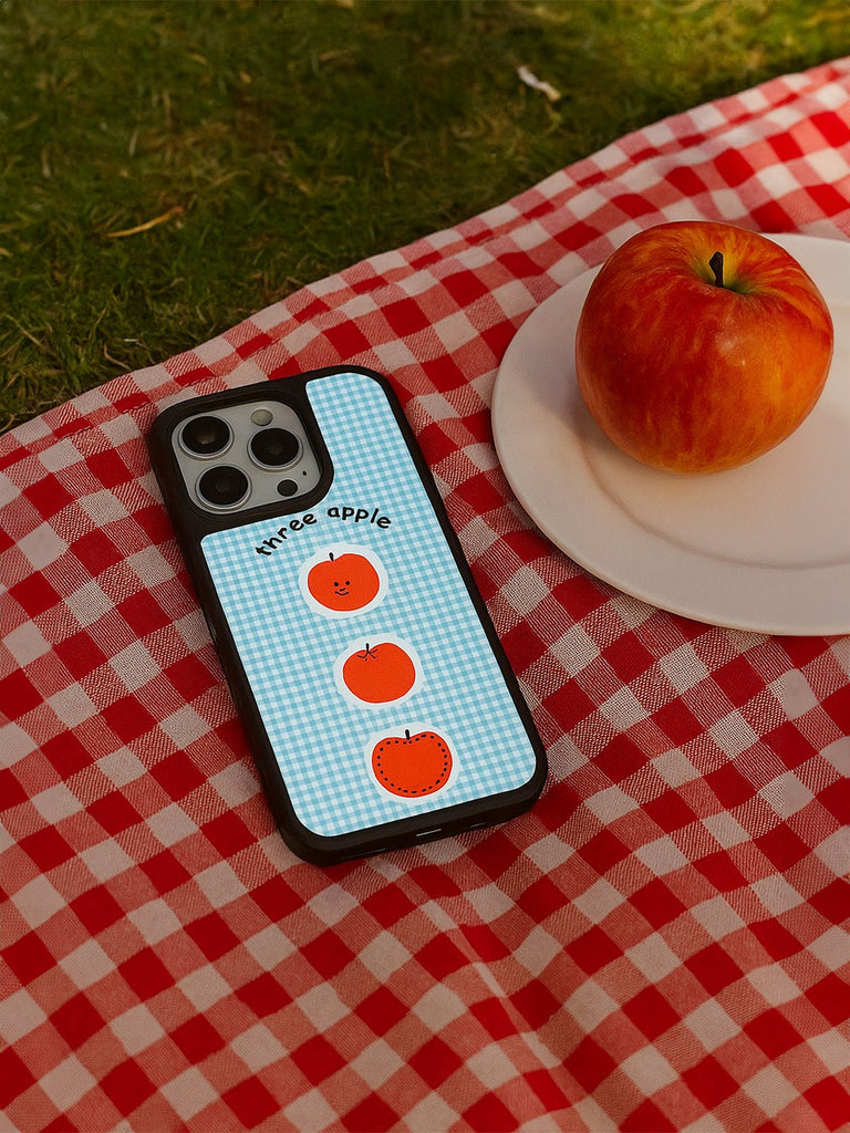 Coque iPhone trois pommes, design fruité adorable, protection antichoc, motif bleu vichy, compatible charge sans fil, housse douce TPU, modèle Azia - Coque iPhone - Bleu iPhone 12