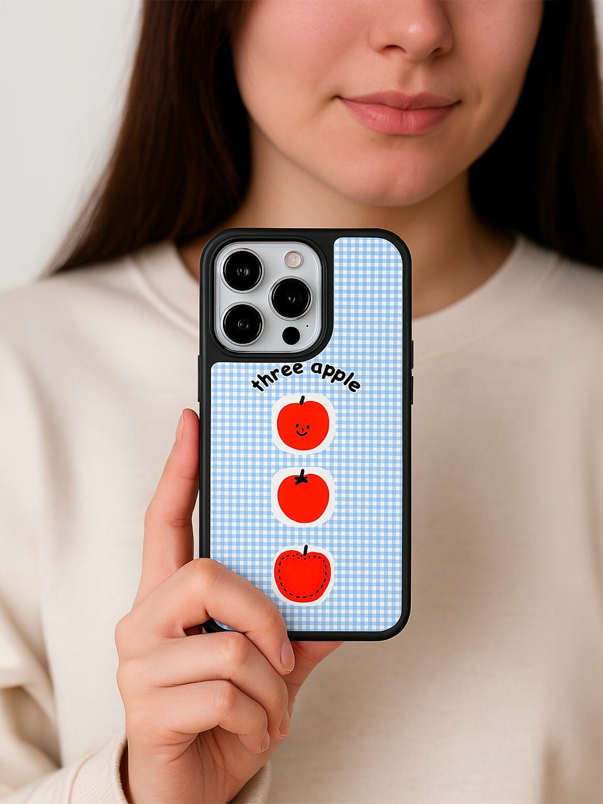 Coque iPhone trois pommes, design fruité adorable, protection antichoc, motif bleu vichy, compatible charge sans fil, housse douce TPU, modèle Azia - Coque iPhone - Bleu iPhone 12