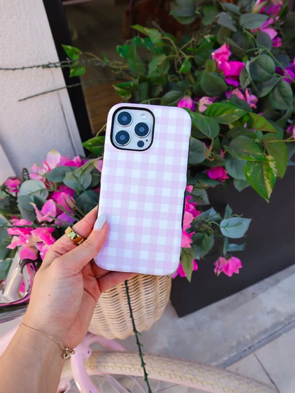 Coque iPhone Vichy Rose, coque rose à carreaux, coque rigide antichoc, coque magnétique iPhone, coque douce mate design, coque tendance pastel, modèle Damia - Coque iPhone - Rose iPhone X