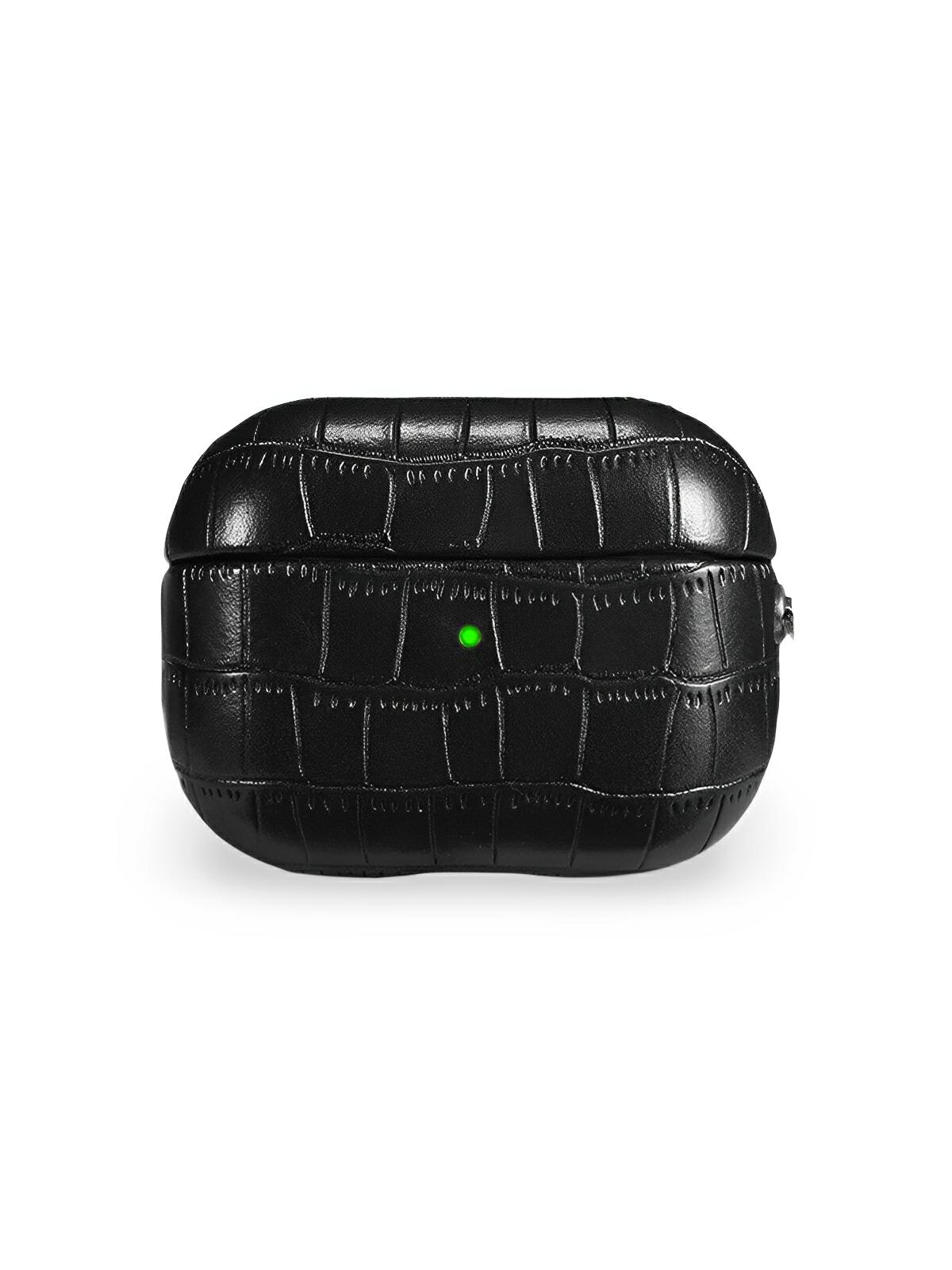 Coque pour AirPods Pro 1 et 2, en simili vegan crocodile, avec mousqueton, protection élégante, modèle Harry - Sacoche - Noir
