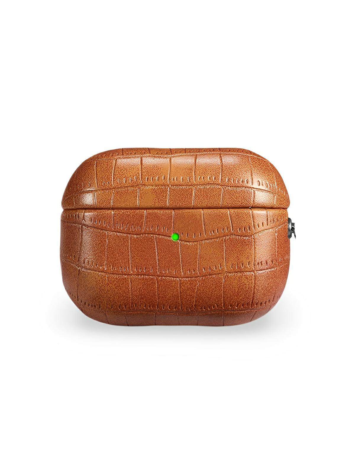 Coque pour AirPods Pro 1 et 2, en simili vegan crocodile, avec mousqueton, protection élégante, modèle Harry - Sacoche - Camel