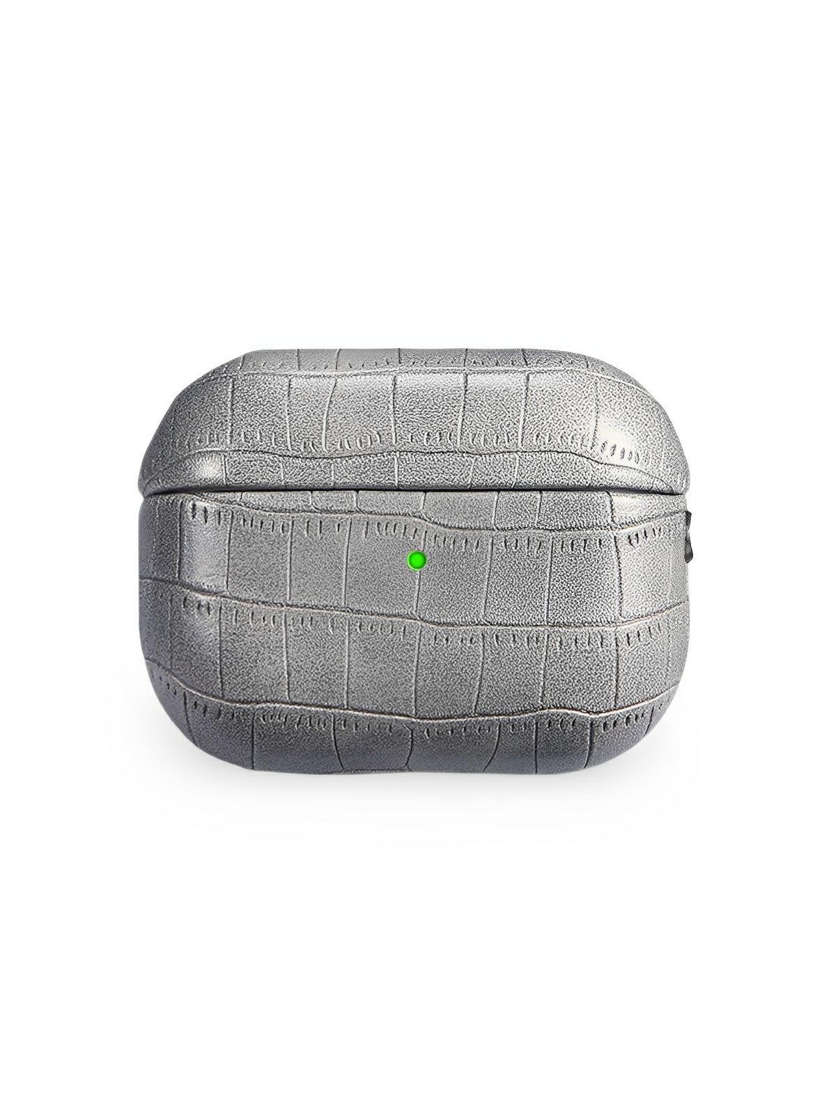Coque pour AirPods Pro 1 et 2, en simili vegan crocodile, avec mousqueton, protection élégante, modèle Harry - Sacoche - Gris