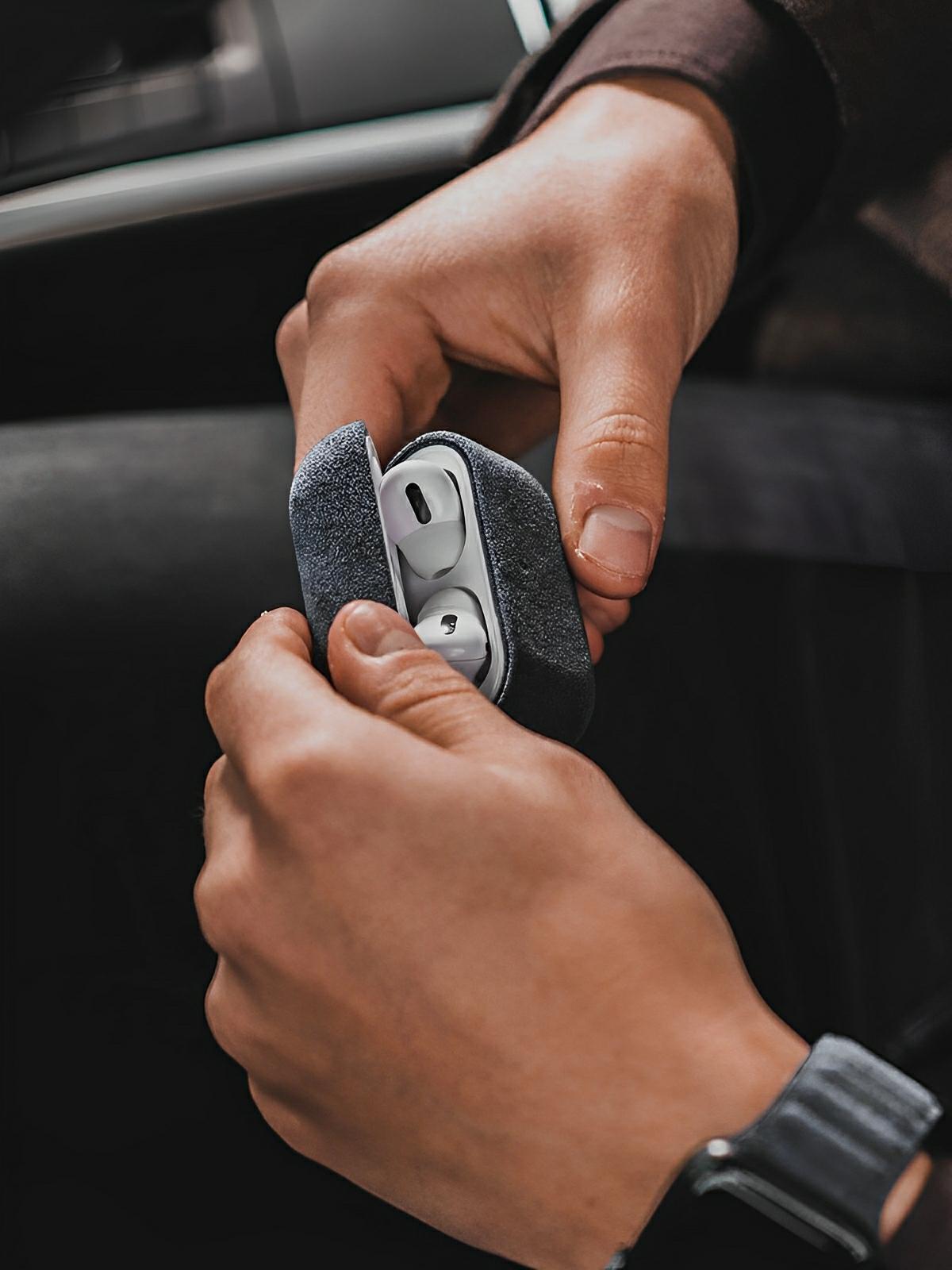 Coque pour AirPods Pro et Pro 2 en simili vegan, toucher doux, magnétique, compatible charge sans fil, modèle Alga - Écouteurs sans fil - Gris