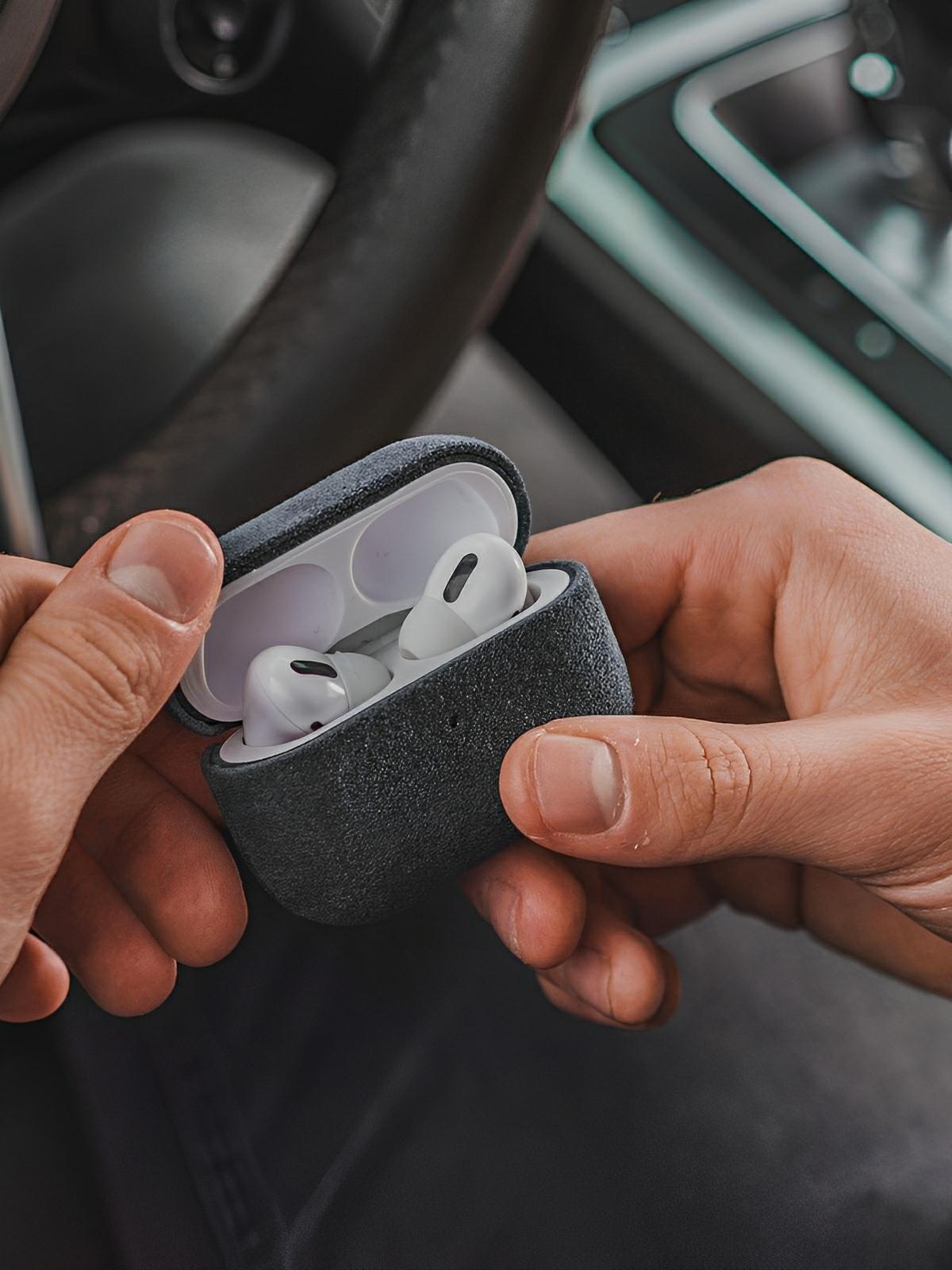 Coque pour AirPods Pro et Pro 2 en simili vegan, toucher doux, magnétique, compatible charge sans fil, modèle Alga - Écouteurs sans fil - Gris