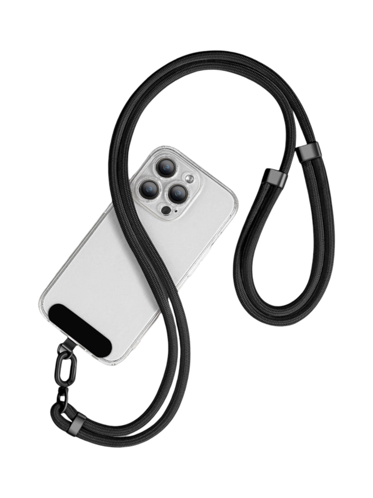 Cordon de téléphone, tour de cou réglable, cordon anti - chute smartphone, sangle tressée polyester, mousqueton métal robuste, modèle Bastine - Cordon de téléphone - Noir