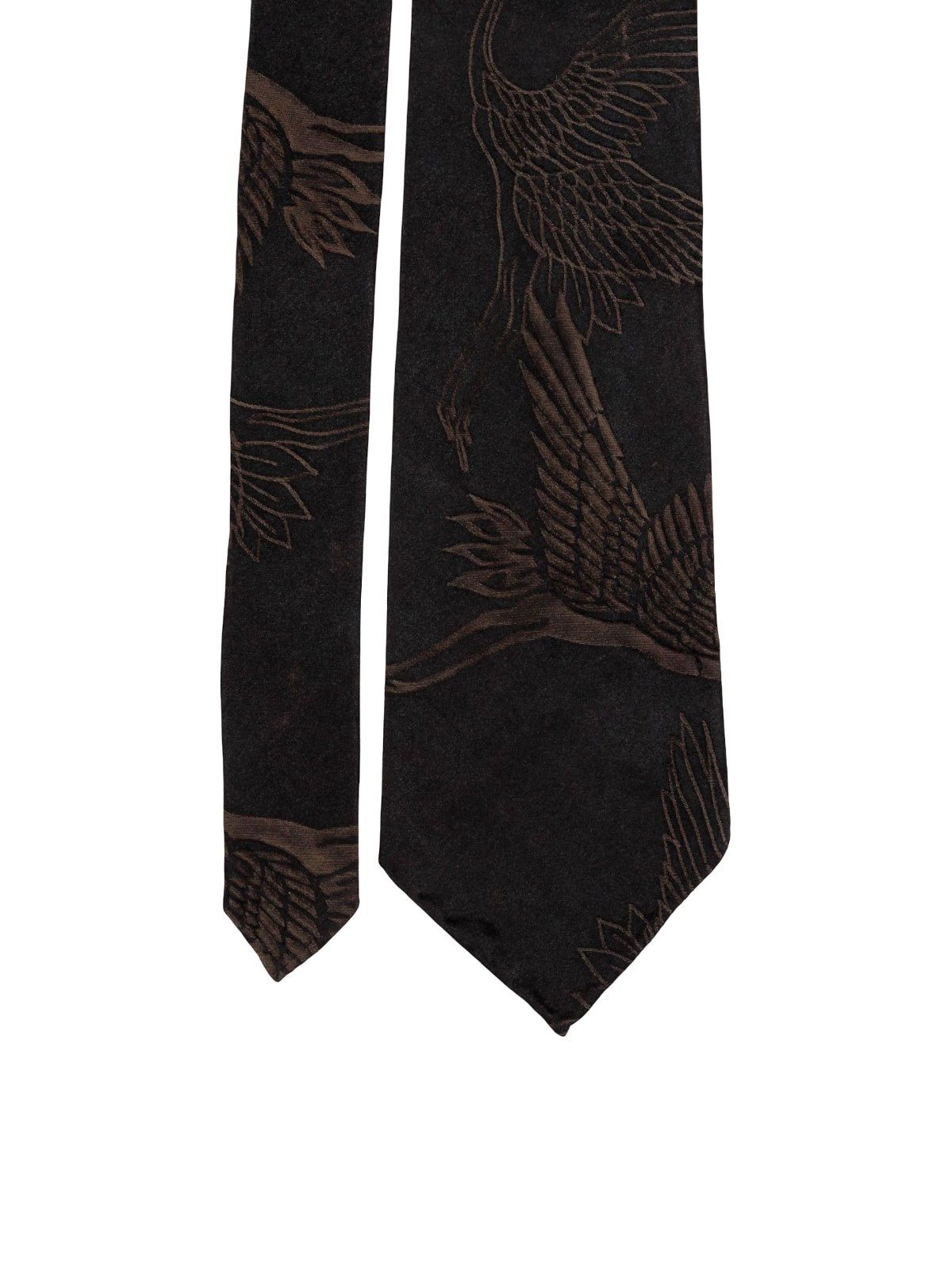 Cravate homme en soie, motif grue, finition roulottée main, cravate trois plis, style chinois traditionnel, sans doublure, texture fluide, modèle Aurélien - Bonnets - Café