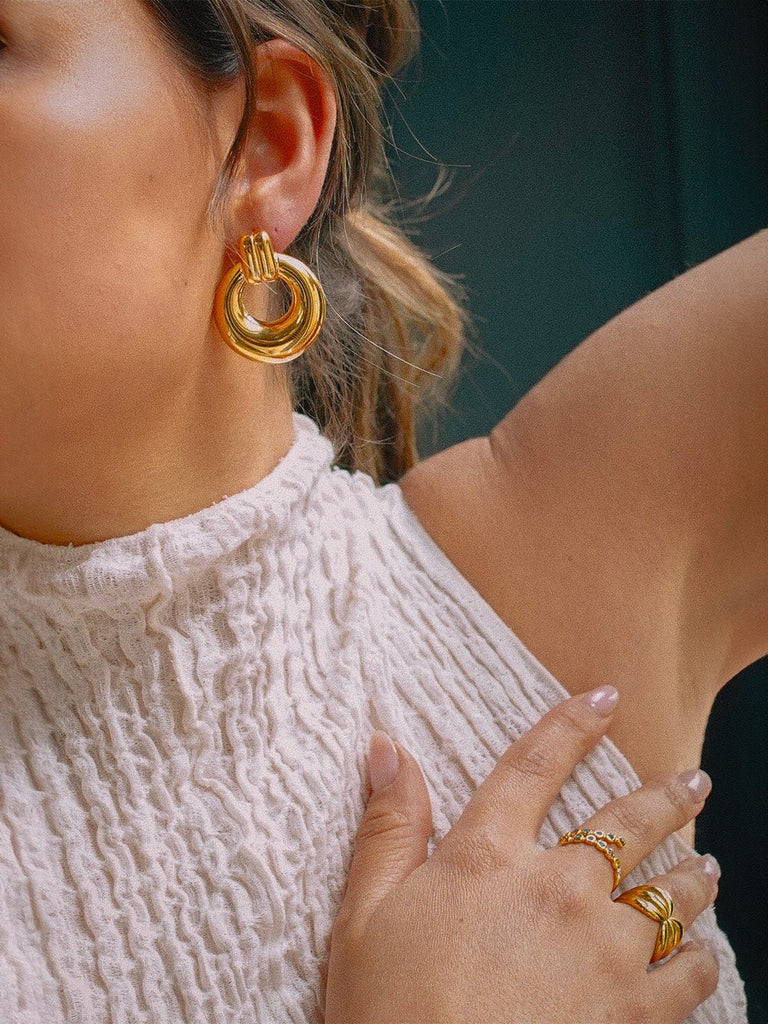 Créoles épaisses dorées, design géométrique, acier inoxydable, boucle d’oreille ronde, modèle Youti - Bague - Or