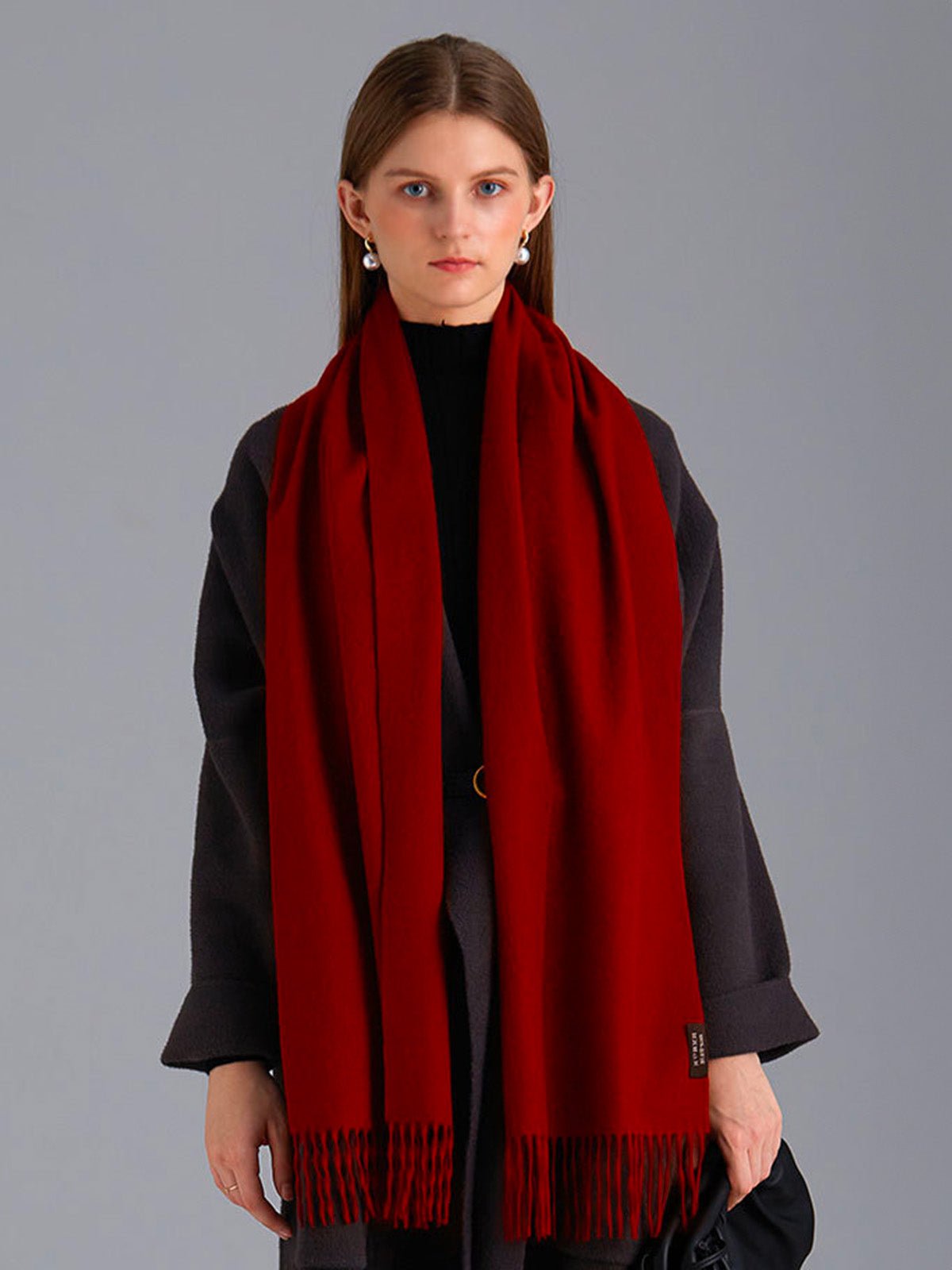 Écharpe 100% cachemire, chaude et douce, pour femme et homme, idéale hiver, cadeau raffiné, finition à franges, longueur généreuse, modèle Ines - Écharpe - Bordeaux