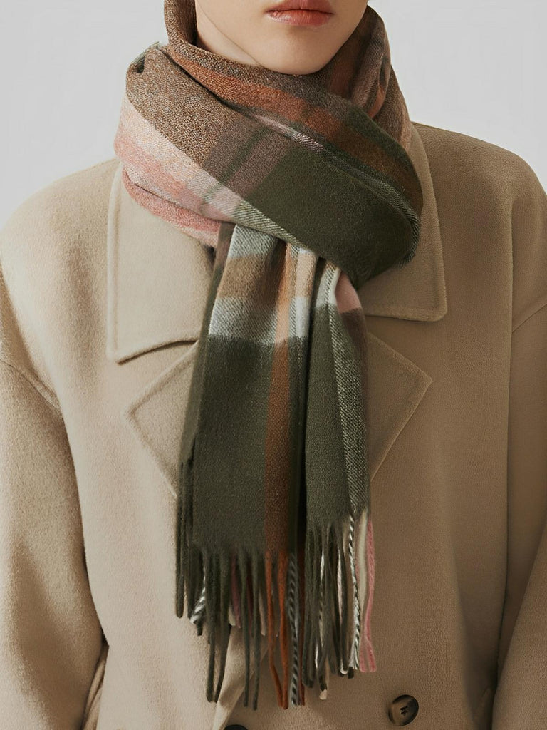Écharpe 100% laine à carreaux pour femme, chaude et douce pour l'automne - hiver, format long avec franges, style chic et enveloppant, modèle Kiara - Écharpe - Multicolore