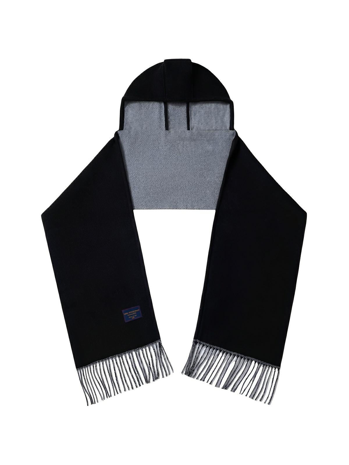 Écharpe à capuche douce et chaude en laine mélangée, design uni avec franges et doublure contrastée pour l’hiver, modèle Louva - Écharpe - Noir
