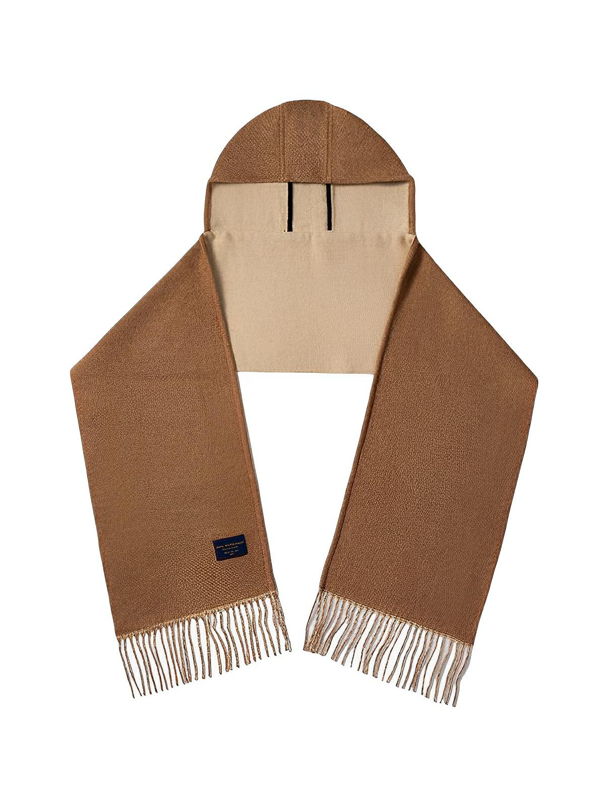 Écharpe à capuche douce et chaude en laine mélangée, design uni avec franges et doublure contrastée pour l’hiver, modèle Louva - Écharpe - Brun
