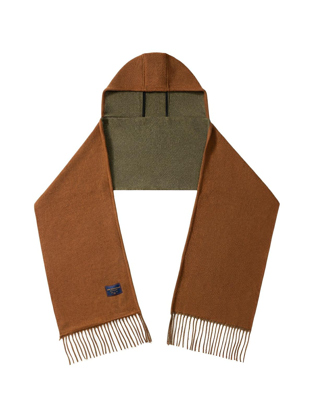 Écharpe à capuche douce et chaude en laine mélangée, design uni avec franges et doublure contrastée pour l’hiver, modèle Louva - Écharpe - Marron