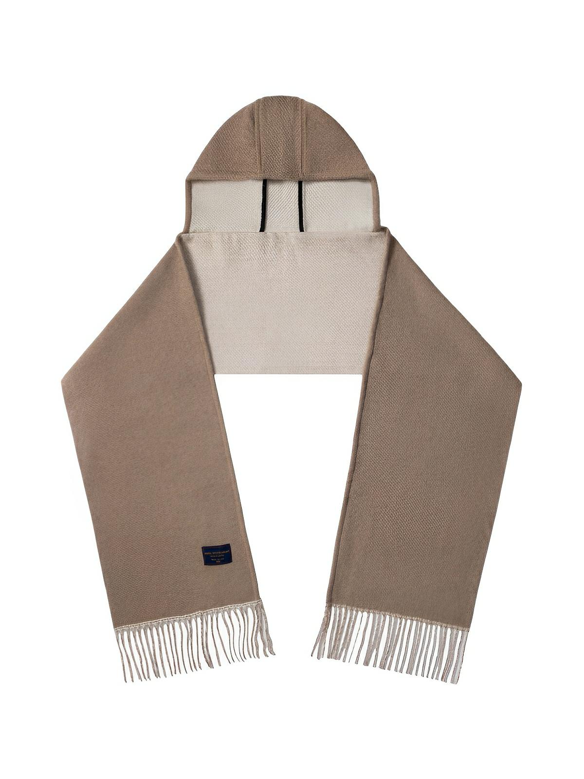 Écharpe à capuche douce et chaude en laine mélangée, design uni avec franges et doublure contrastée pour l’hiver, modèle Louva - Écharpe - Taupe