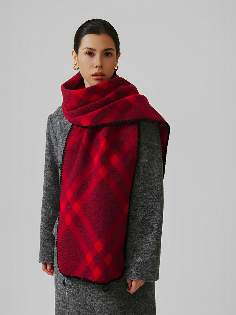 Écharpe à carreaux double face, chaude hiver femme, en laine douce longue, motif british chic luxueux, modèle Barina - Écharpe - Bordeaux et rouge