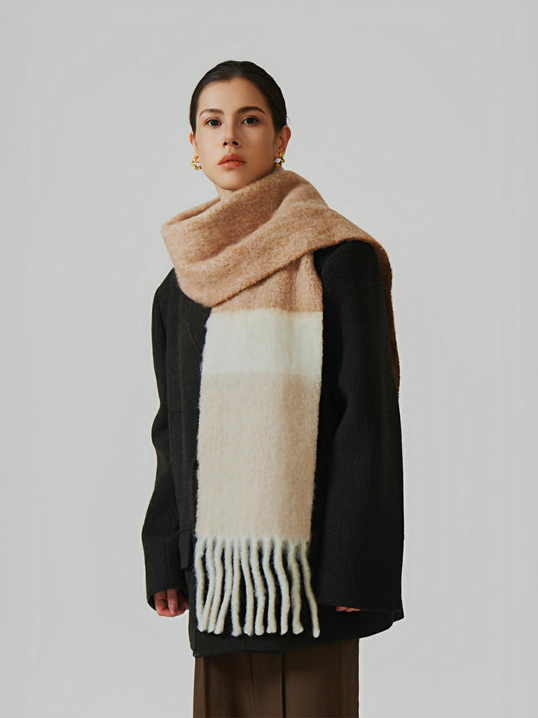 Écharpe chaude en laine douce, color block, à franges pour femme automne - hiver, modèle Maria - Écharpe - Style 3