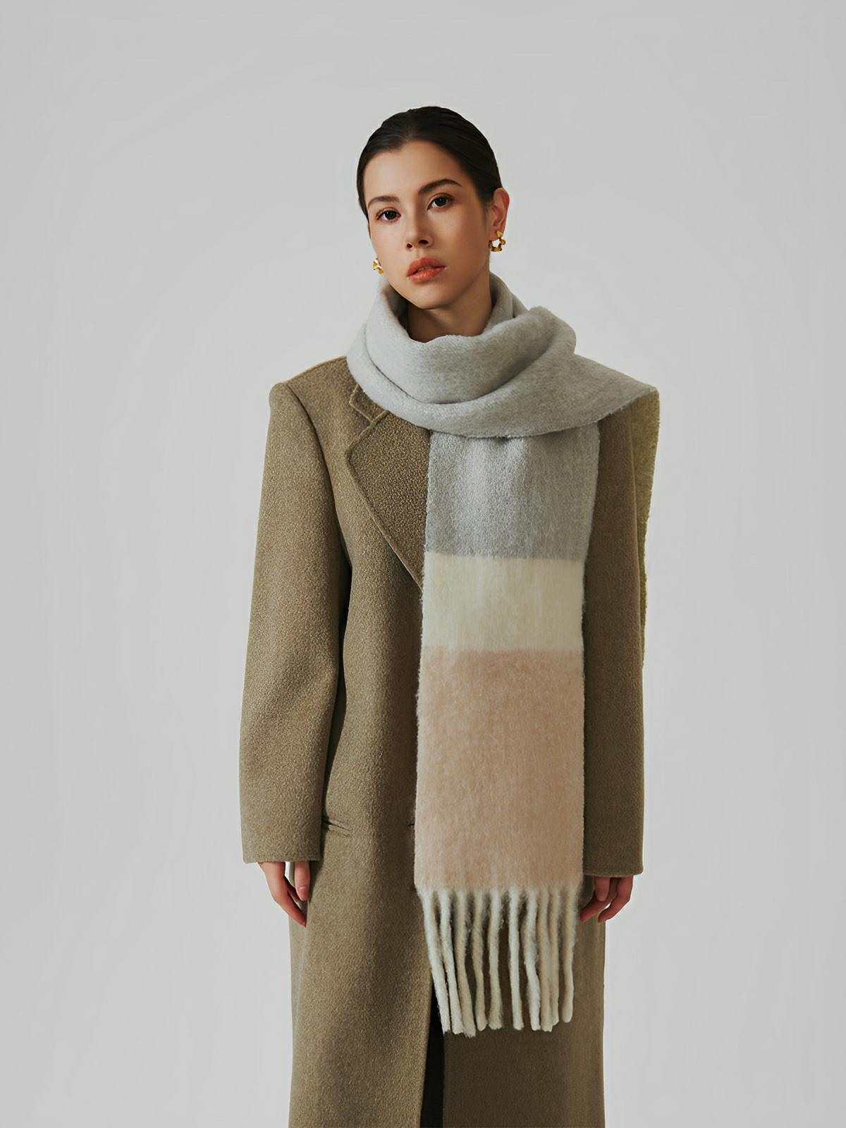 Écharpe chaude en laine douce, color block, à franges pour femme automne - hiver, modèle Maria - Écharpe - Style 1
