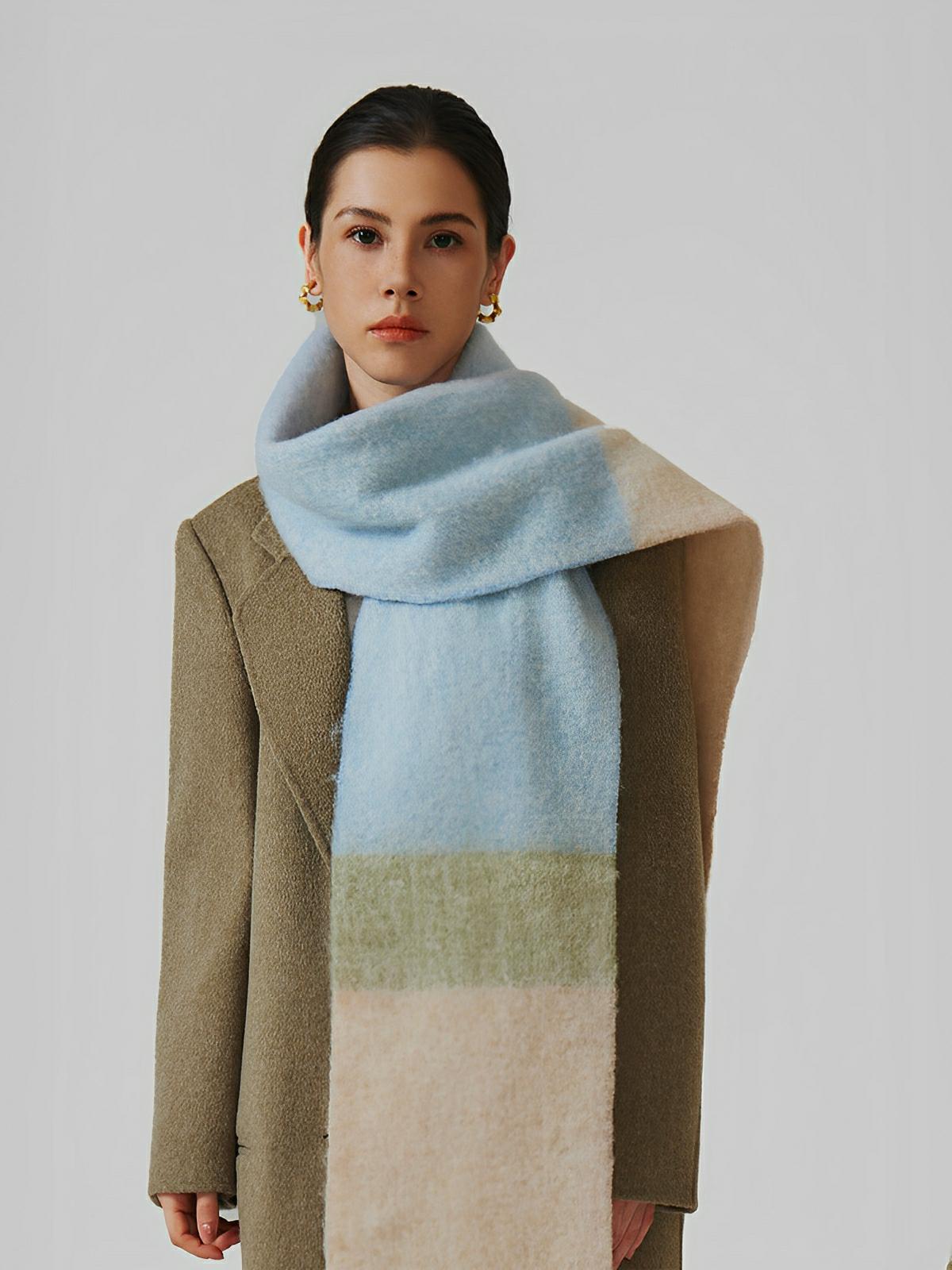 Écharpe chaude en laine douce, color block, à franges pour femme automne - hiver, modèle Maria - Écharpe - Style 1