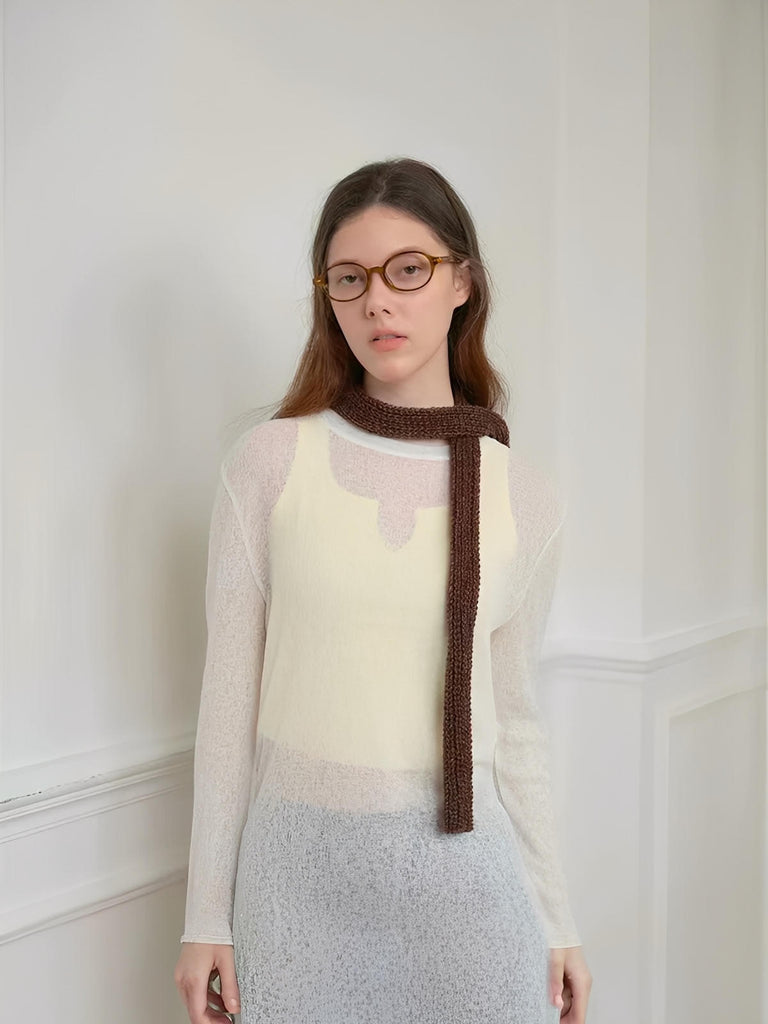 Écharpe courte unisexe en laine mélangée, mini foulard tricoté, douceur chaude pour l’hiver, style minimal chic, accessoire tendance automne hiver, modèle Migène - Écharpe - Marron