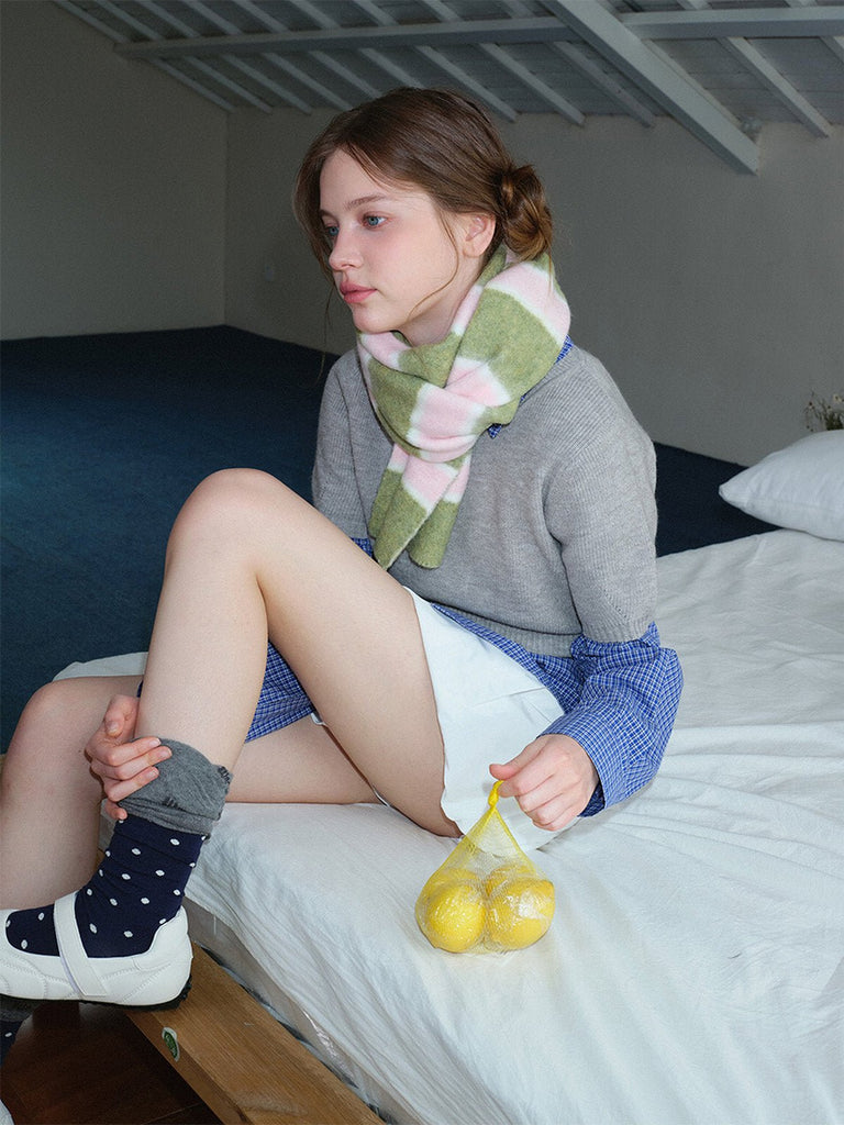 Écharpe douce hiver, écharpe femme rayée, chaude et colorée, écharpe laine mélangée, écharpe longue stylée, modèle Pocra - Écharpe - Vert et rose