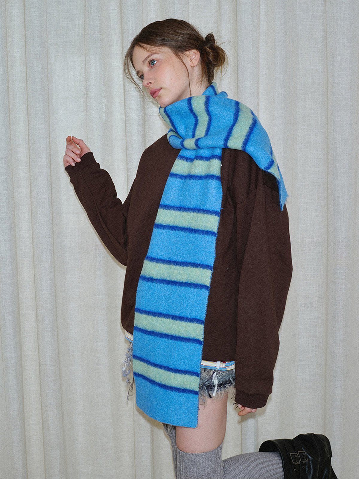 Écharpe douce hiver, écharpe femme rayée, chaude et colorée, écharpe laine mélangée, écharpe longue stylée, modèle Pocra - Écharpe - Bleu et vert