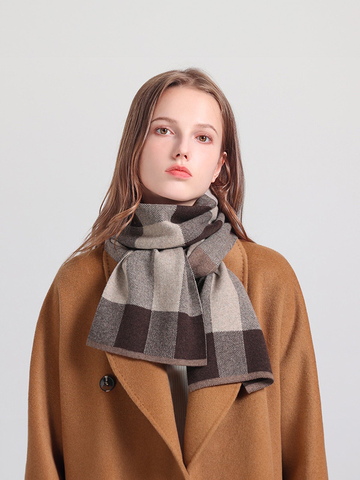 Écharpe en coton et cachemire femme, écharpe à carreaux douce et chaude, hiver 160 cm, style chic et cosy, fine et confortable, modèle Nadia - Écharpe - Beige