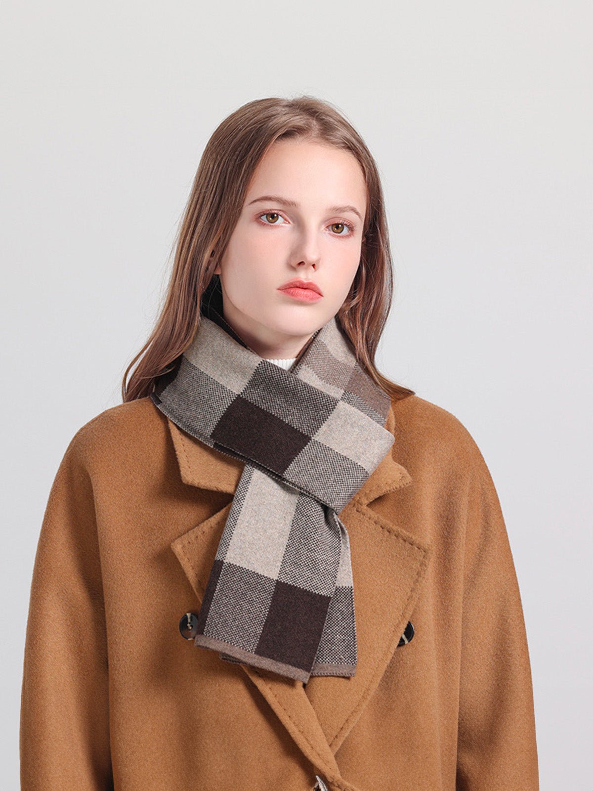 Écharpe en coton et cachemire femme, écharpe à carreaux douce et chaude, hiver 160 cm, style chic et cosy, fine et confortable, modèle Nadia - Écharpe - Beige