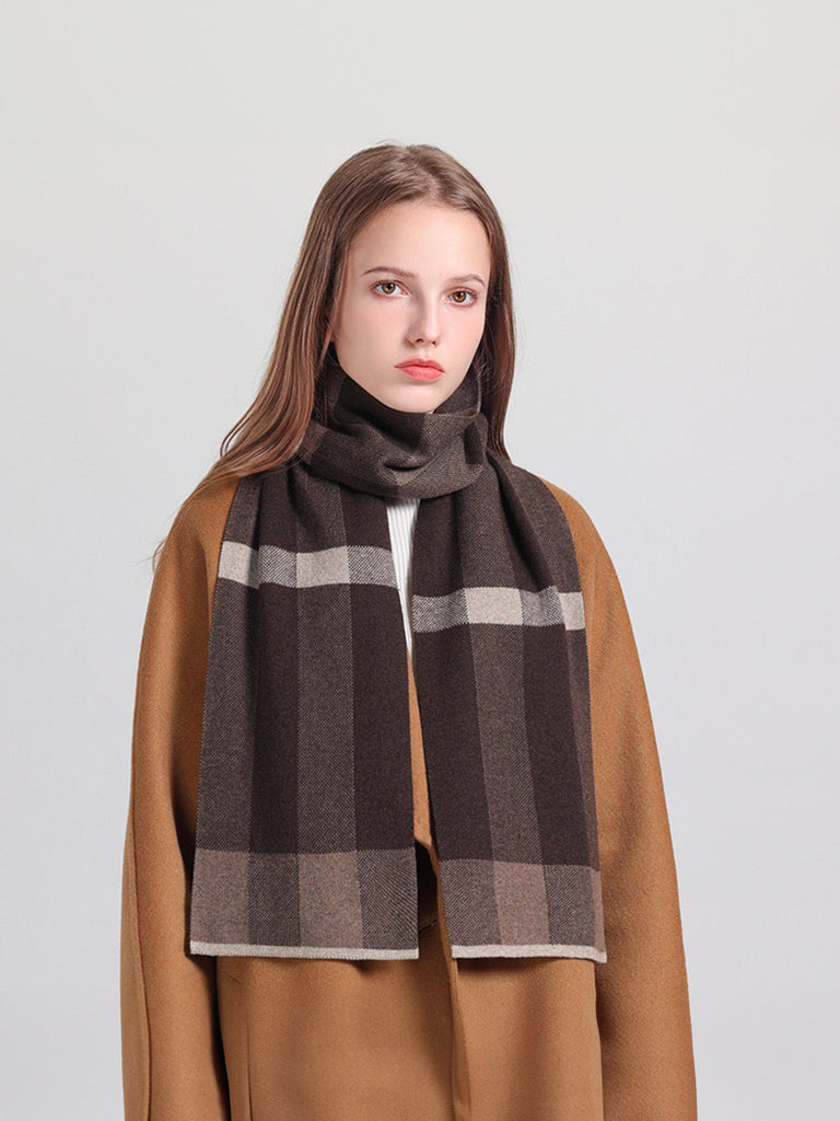 Écharpe en coton et cachemire femme, écharpe à carreaux douce et chaude, hiver 160 cm, style chic et cosy, fine et confortable, modèle Nadia - Écharpe - Marron