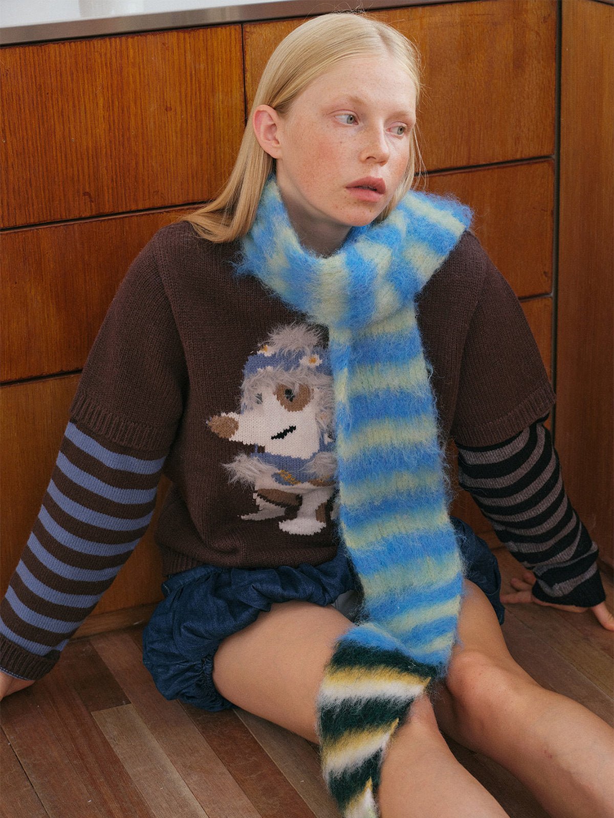 Écharpe en maille duveteuse, rayures multicolores, douce et chaude, style streetwear hivernal, longue écharpe fine, modèle tendance unisexe, modèle Fizie - Écharpe - Style 1