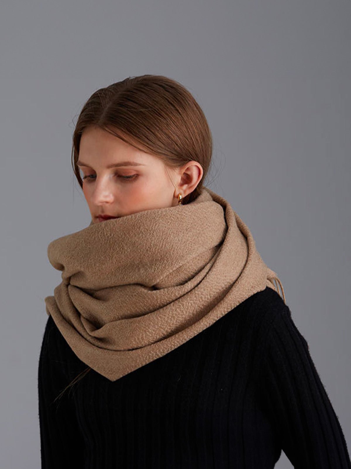 Écharpe en pure cachemire femme, grande écharpe douce, camel longue, chaude automne et hiver, écharpe luxe à franges, modèle Margèle - Écharpe - Camel