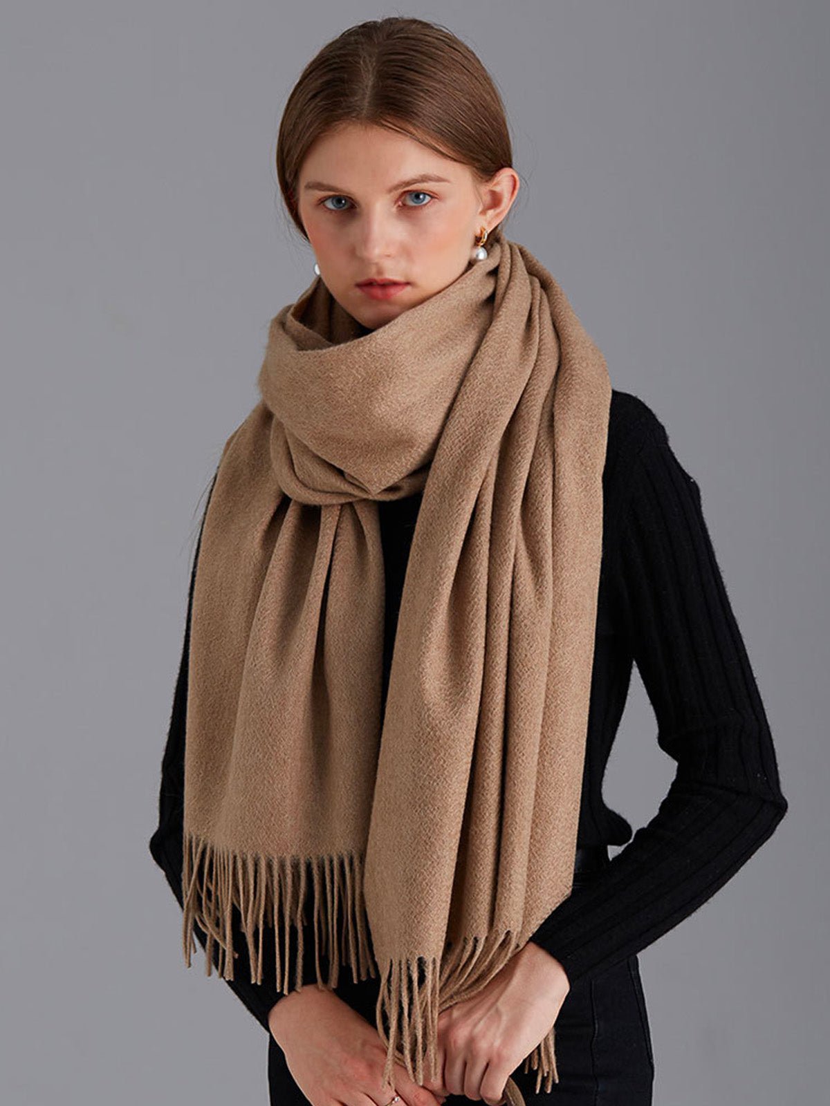 Écharpe en pure cachemire femme, grande écharpe douce, camel longue, chaude automne et hiver, écharpe luxe à franges, modèle Margèle - Écharpe - Camel