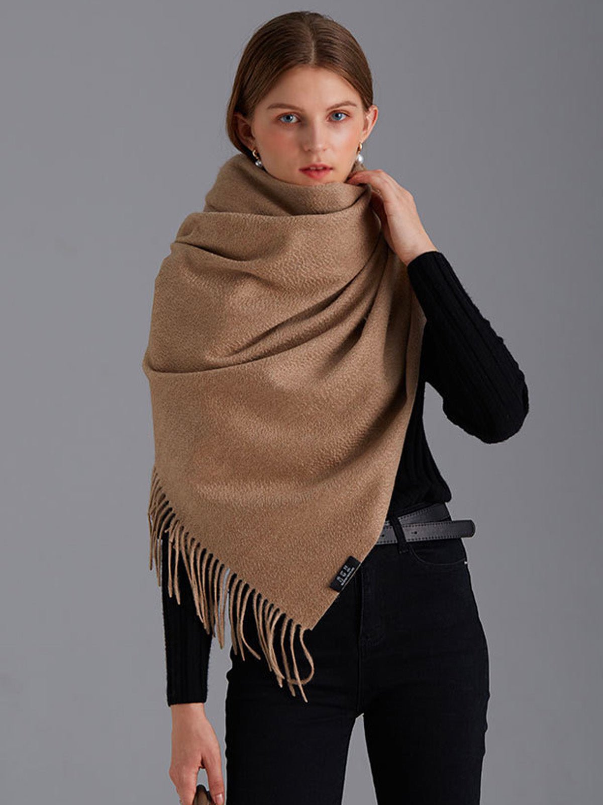 Écharpe en pure cachemire femme, grande écharpe douce, camel longue, chaude automne et hiver, écharpe luxe à franges, modèle Margèle - Écharpe - Camel
