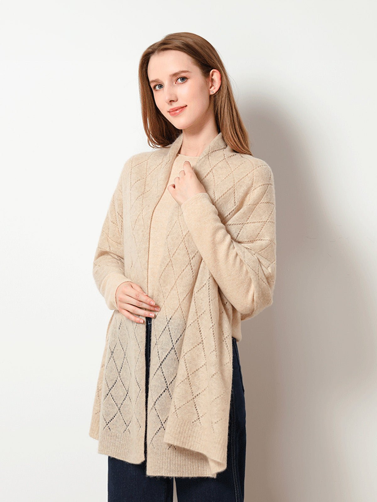 Écharpe en pure cachemire femme, tricot respirant, grande écharpe ajourée, douce et chaude, accessoire hiver chic, modèle Sandy - Écharpe - Beige