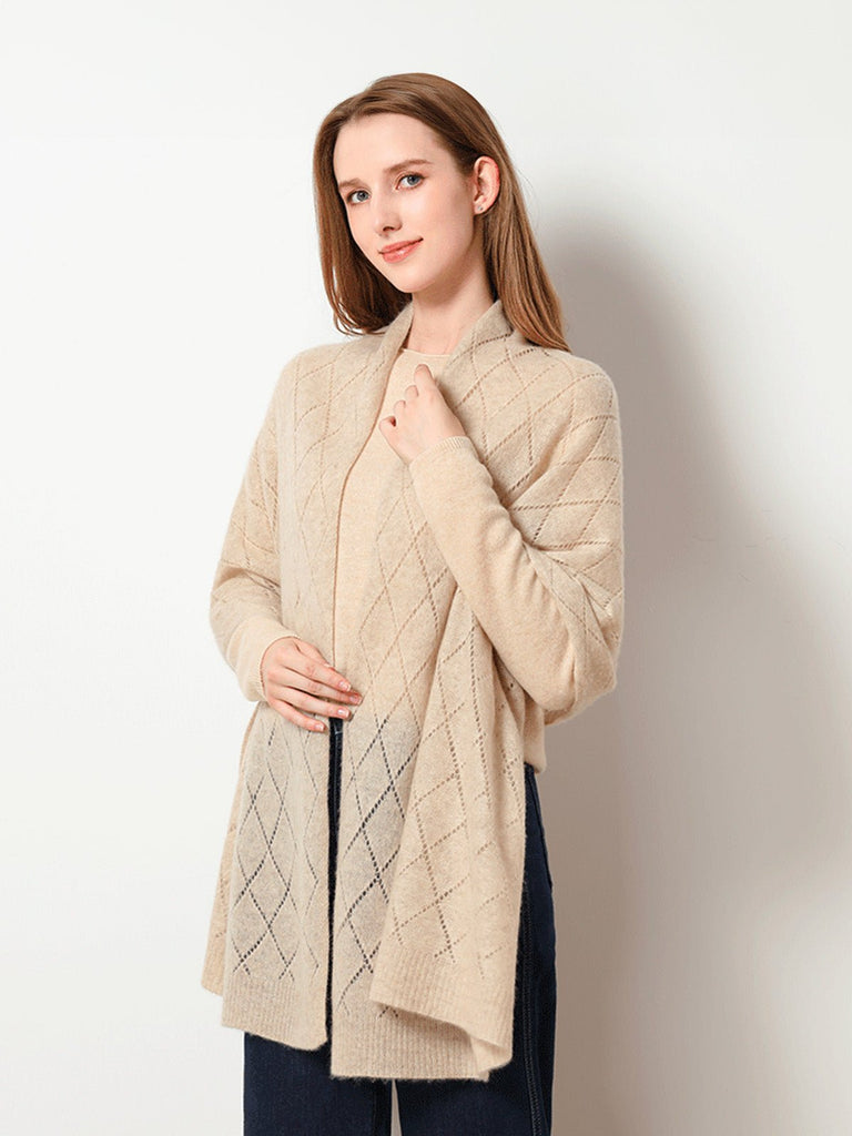 Écharpe en pure cachemire femme, tricot respirant, grande écharpe ajourée, douce et chaude, accessoire hiver chic, modèle Sandy - Écharpe - Beige