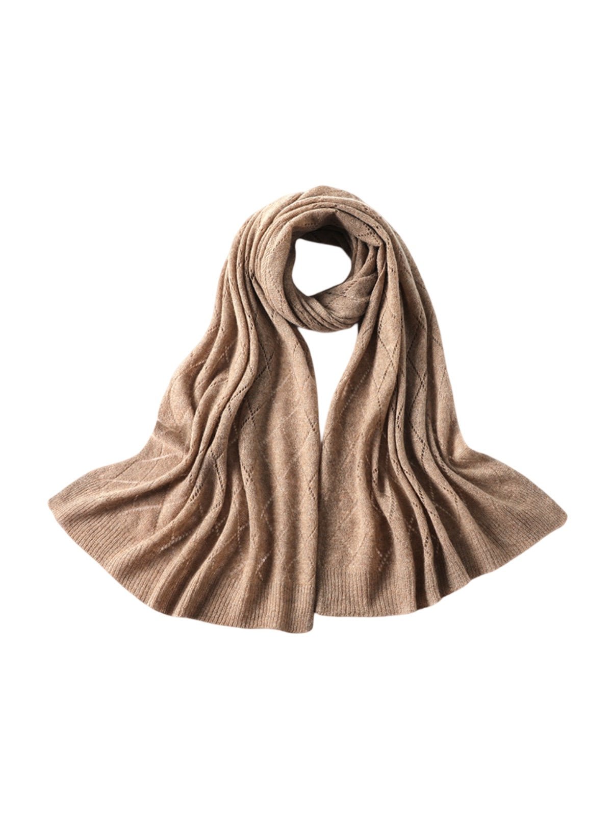 Écharpe en pure cachemire femme, tricot respirant, grande écharpe ajourée, douce et chaude, accessoire hiver chic, modèle Sandy - Écharpe - Camel