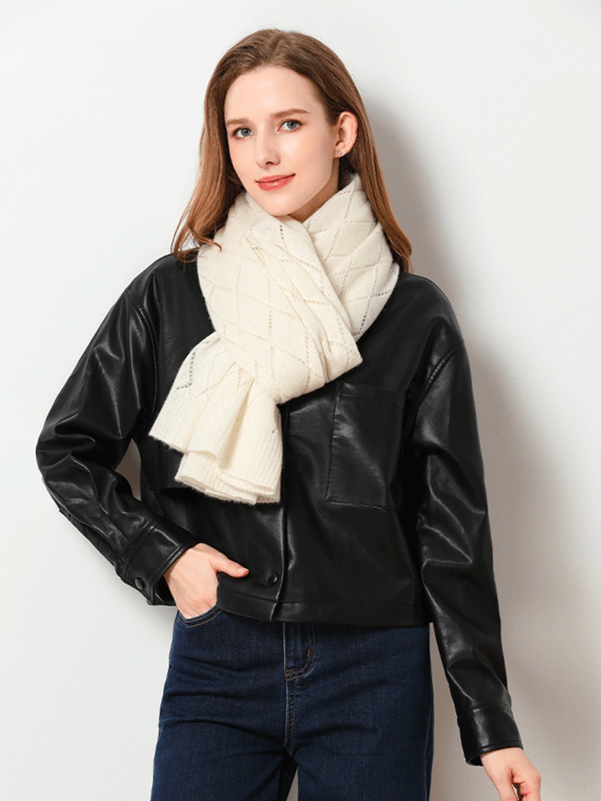 Écharpe en pure cachemire femme, tricot respirant, grande écharpe ajourée, douce et chaude, accessoire hiver chic, modèle Sandy - Écharpe - Blanc