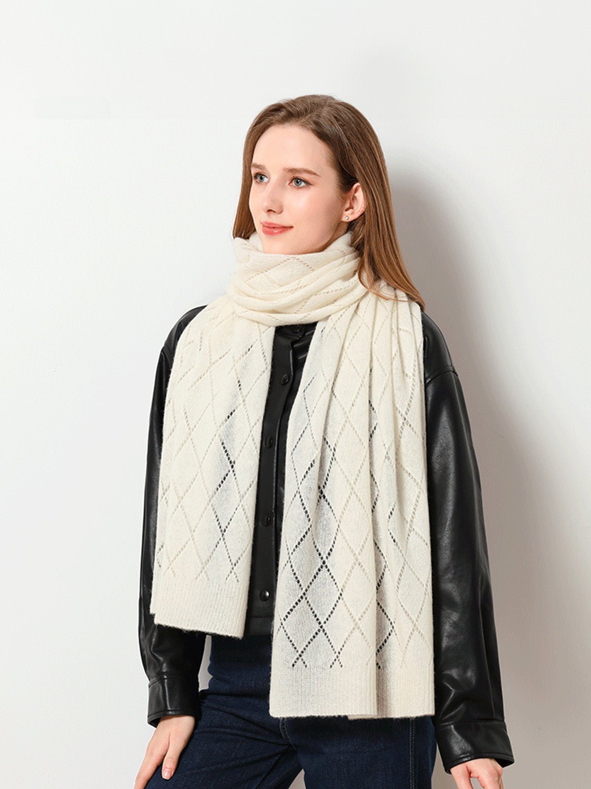 Écharpe en pure cachemire femme, tricot respirant, grande écharpe ajourée, douce et chaude, accessoire hiver chic, modèle Sandy - Écharpe - Blanc