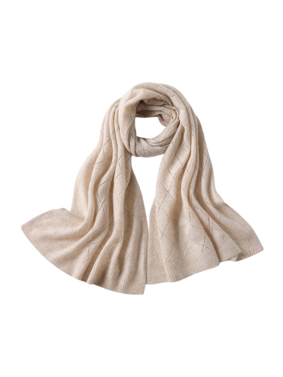 Écharpe en pure cachemire femme, tricot respirant, grande écharpe ajourée, douce et chaude, accessoire hiver chic, modèle Sandy - Écharpe - Beige